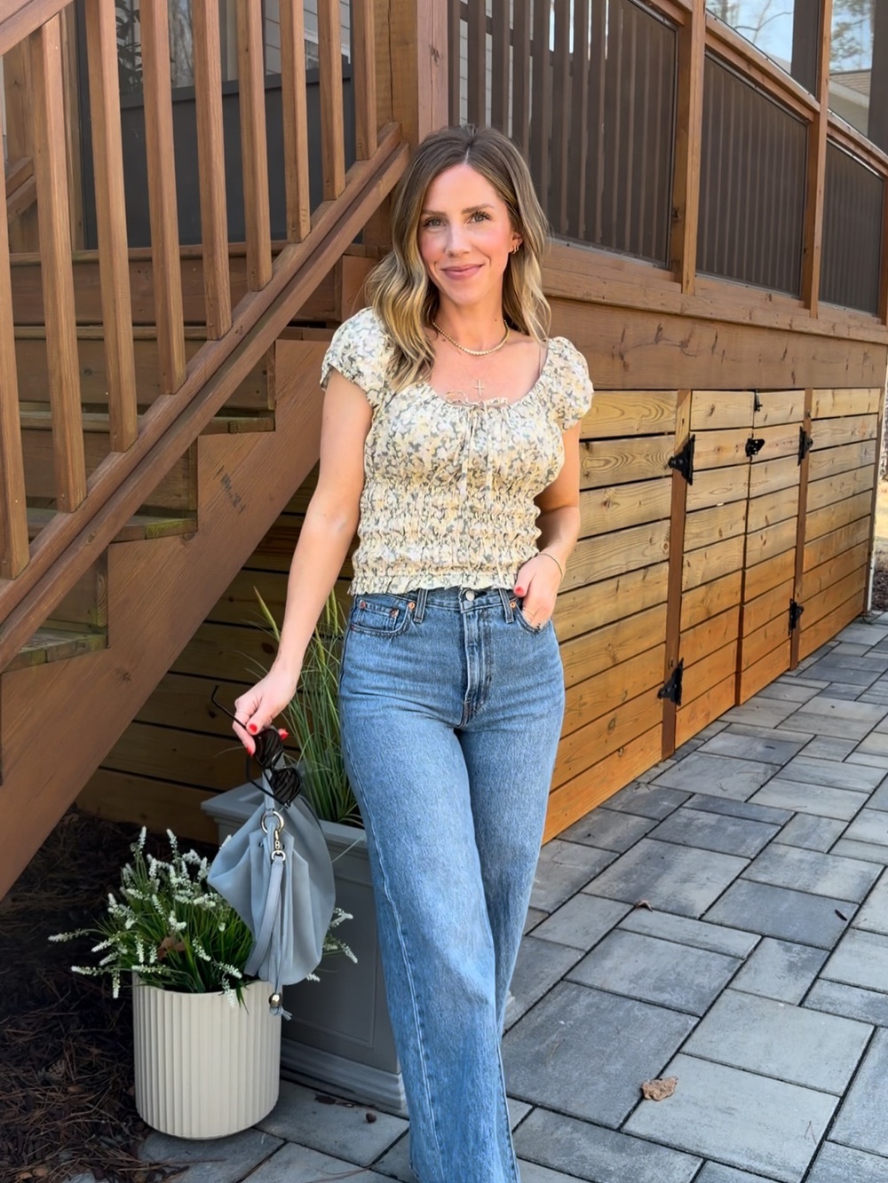 Smocked Floral Top with Puff Sleeves - Yellow/Cream